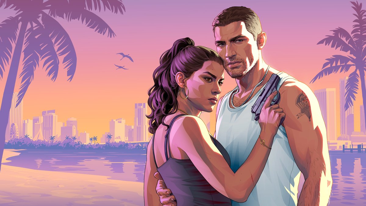 Official Grand Theft Auto VI cover art with the logo surrounded by Leonida characters and scenes
